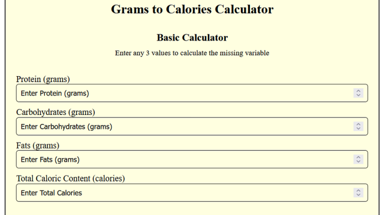grams to calories calculator