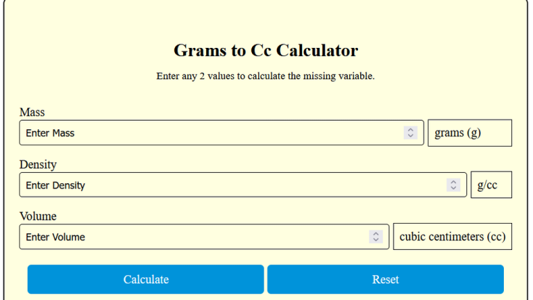 grams to cc calculator