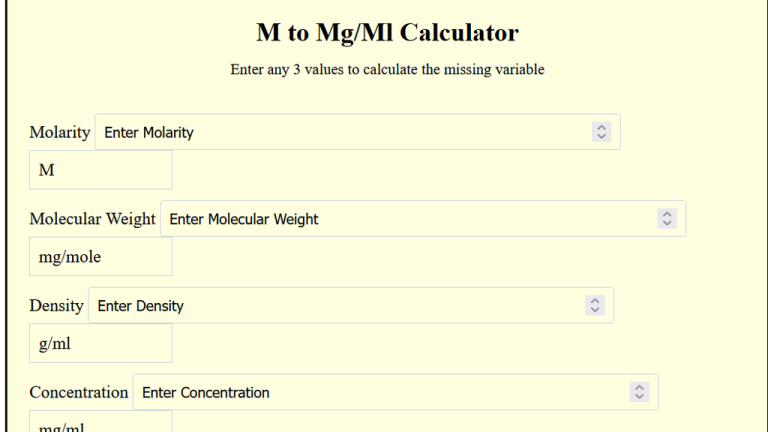 m to mg ml calculator